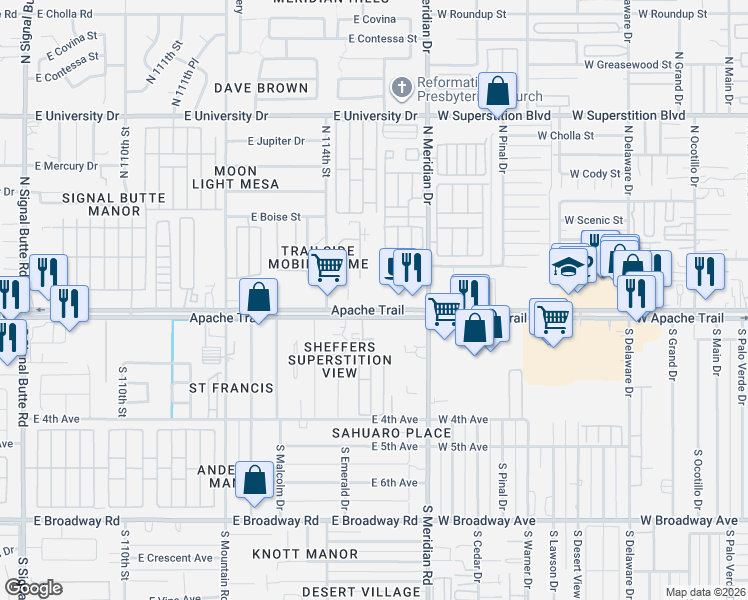 map of restaurants, bars, coffee shops, grocery stores, and more near 11426 East Apache Trail in Apache Junction