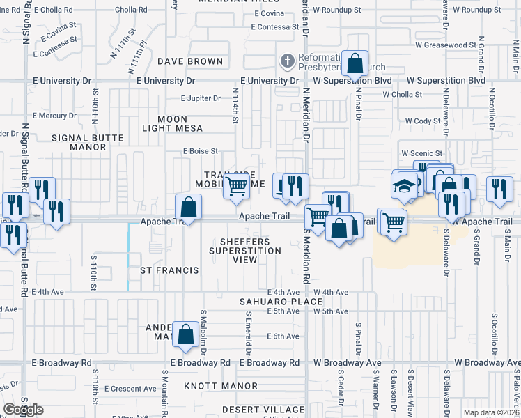 map of restaurants, bars, coffee shops, grocery stores, and more near 11426 East Apache Trail in Apache Junction