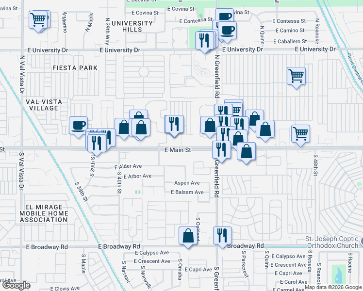 map of restaurants, bars, coffee shops, grocery stores, and more near 4220 East Main Street in Mesa
