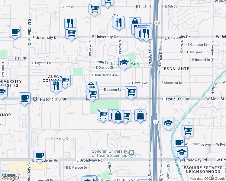 map of restaurants, bars, coffee shops, grocery stores, and more near 2087 East Lemon Street in Tempe