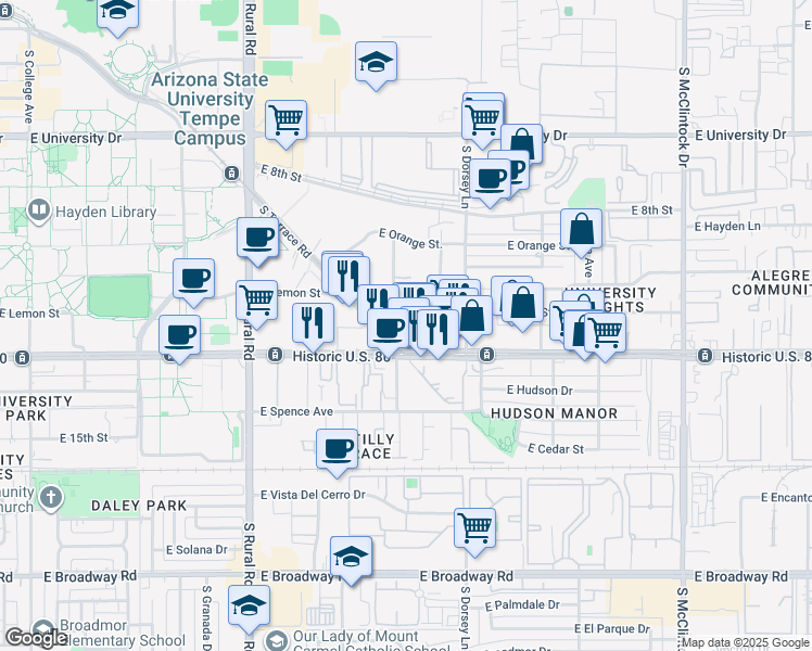 map of restaurants, bars, coffee shops, grocery stores, and more near 1216 East Apache Boulevard in Tempe