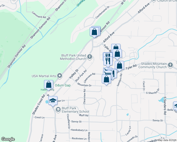 map of restaurants, bars, coffee shops, grocery stores, and more near 729 Bluff Park Road in Birmingham