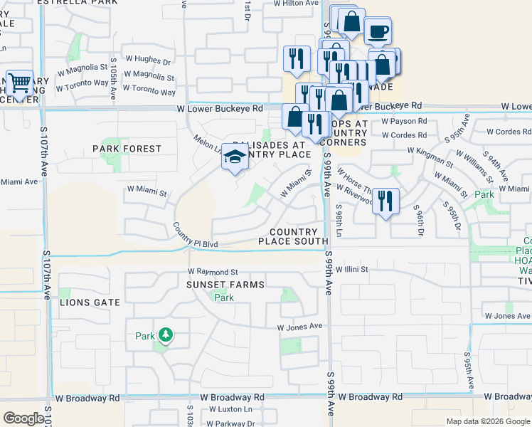 map of restaurants, bars, coffee shops, grocery stores, and more near 10110 West Riverside Avenue in Tolleson