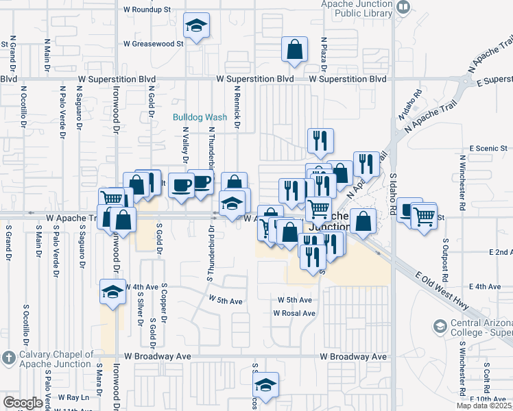 map of restaurants, bars, coffee shops, grocery stores, and more near 810 Apache Trail in Apache Junction
