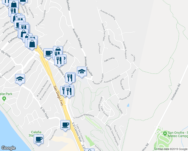 map of restaurants, bars, coffee shops, grocery stores, and more near 2253 Avenida Salvador in San Clemente