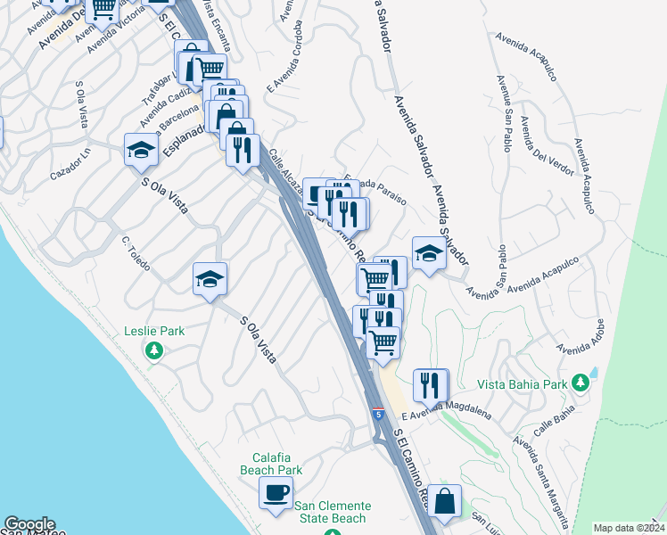 map of restaurants, bars, coffee shops, grocery stores, and more near 14 West Avenida Cornelio in San Clemente