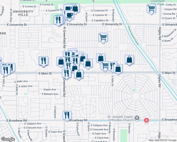 map of restaurants, bars, coffee shops, grocery stores, and more near 4572 East Main Street in Mesa
