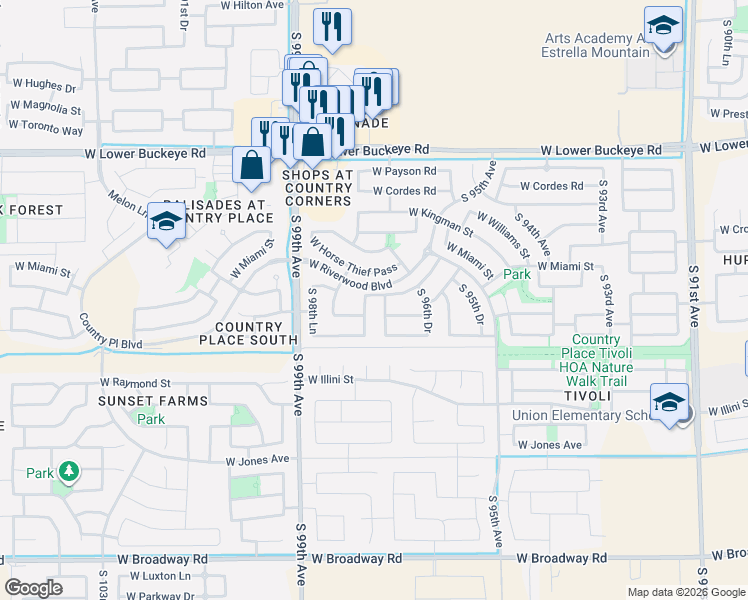map of restaurants, bars, coffee shops, grocery stores, and more near 9735 West Kirby Avenue in Tolleson