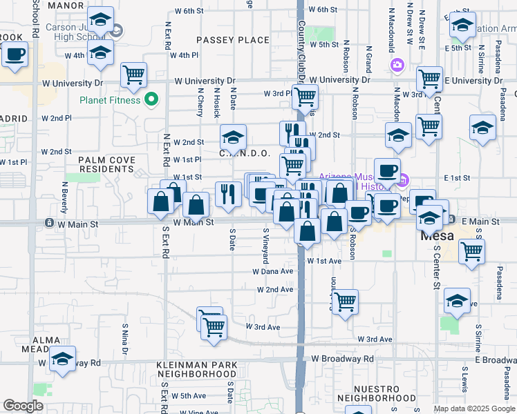 map of restaurants, bars, coffee shops, grocery stores, and more near 524 West Main Street in Mesa