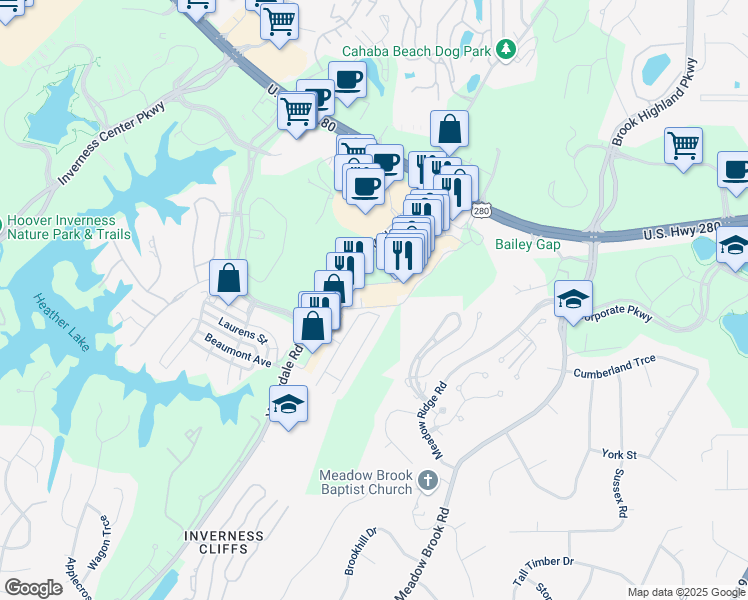 map of restaurants, bars, coffee shops, grocery stores, and more near 1100 Inverness Corners in Birmingham