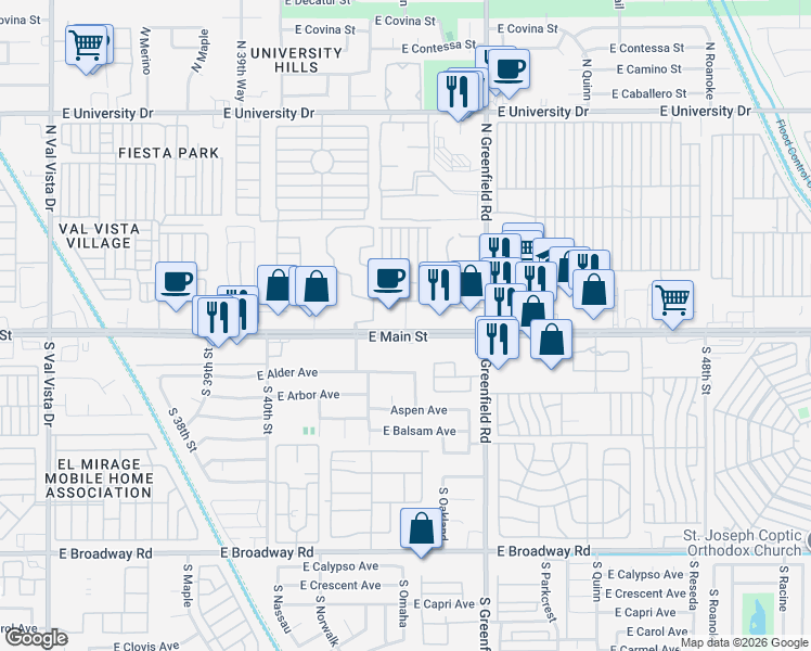 map of restaurants, bars, coffee shops, grocery stores, and more near 4220 East Main Street in Mesa