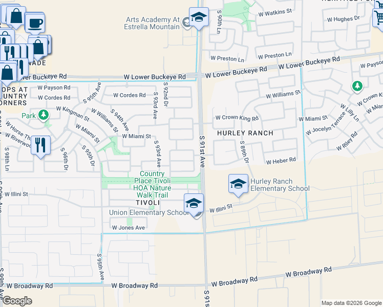 map of restaurants, bars, coffee shops, grocery stores, and more near 9122 West Riverside Avenue in Tolleson