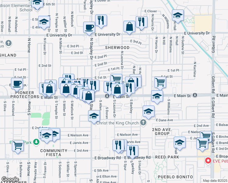 map of restaurants, bars, coffee shops, grocery stores, and more near 1242 East Main Street in Mesa
