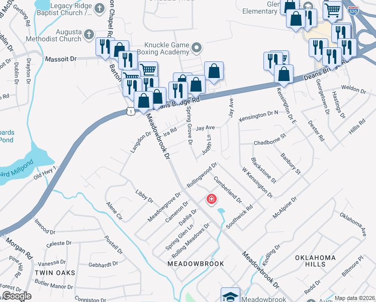 map of restaurants, bars, coffee shops, grocery stores, and more near 3020 Spring Grove Drive in Augusta