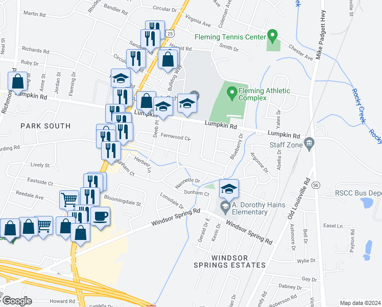 map of restaurants, bars, coffee shops, grocery stores, and more near 2017 Fernwood Circle in Augusta