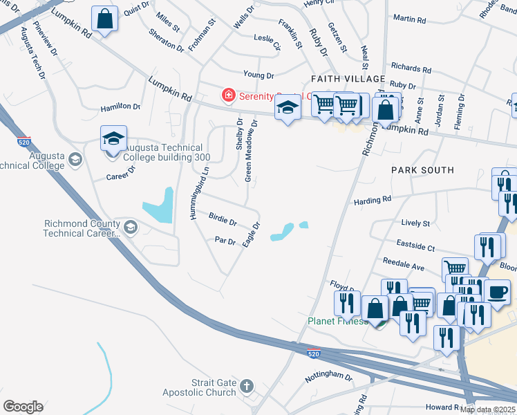 map of restaurants, bars, coffee shops, grocery stores, and more near 2403 Eagle Drive in Augusta