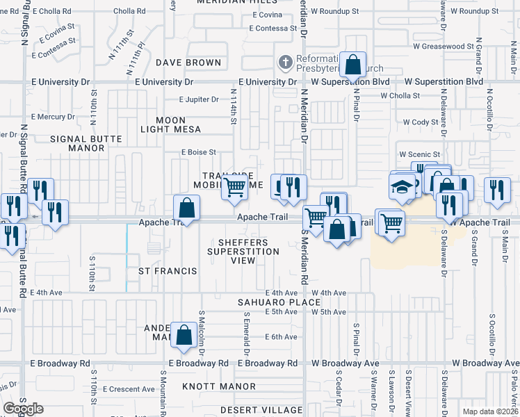 map of restaurants, bars, coffee shops, grocery stores, and more near 11426 East Apache Trail in Apache Junction