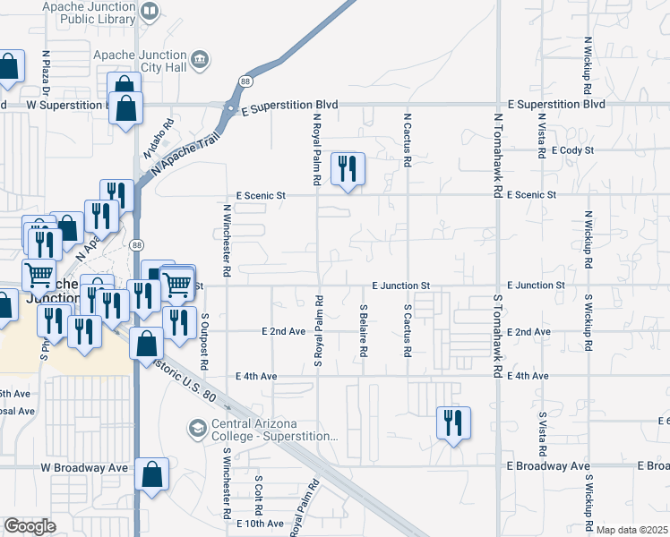 map of restaurants, bars, coffee shops, grocery stores, and more near 836 East Junction Street in Apache Junction