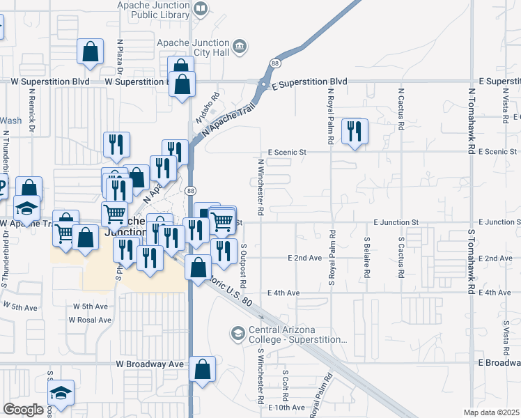 map of restaurants, bars, coffee shops, grocery stores, and more near 430 East Junction Street in Apache Junction