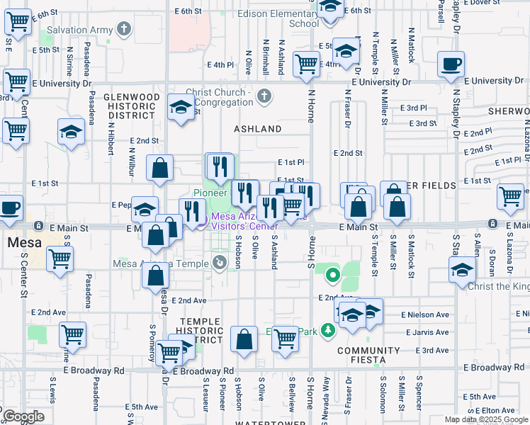 map of restaurants, bars, coffee shops, grocery stores, and more near 14 North Edgemont in Mesa
