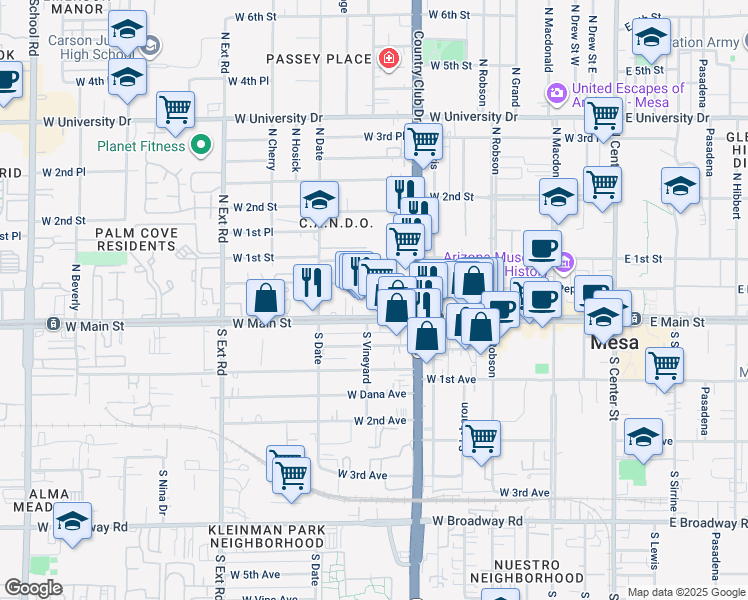 map of restaurants, bars, coffee shops, grocery stores, and more near 501 West Pepper Place in Mesa