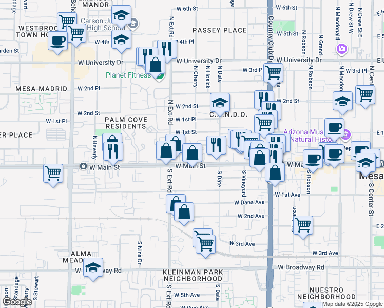 map of restaurants, bars, coffee shops, grocery stores, and more near 668 West Main Street in Mesa