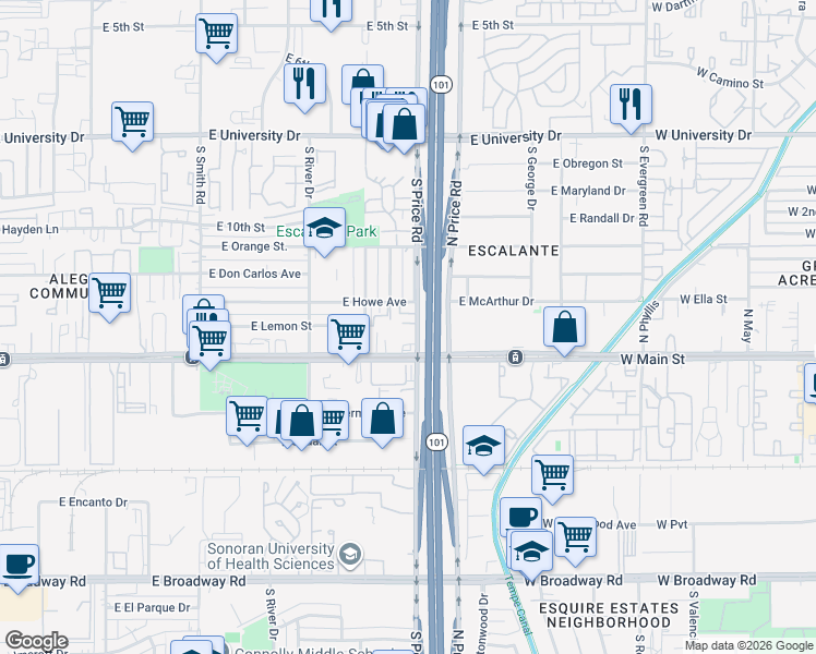 map of restaurants, bars, coffee shops, grocery stores, and more near 2196 East Apache Boulevard in Tempe