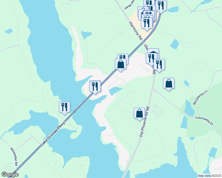 map of restaurants, bars, coffee shops, grocery stores, and more near 103 North Hidden Lake Drive in Eatonton
