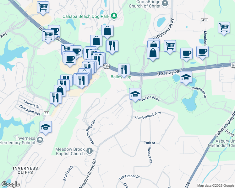 map of restaurants, bars, coffee shops, grocery stores, and more near 700 Corporate Ridge Road in Birmingham