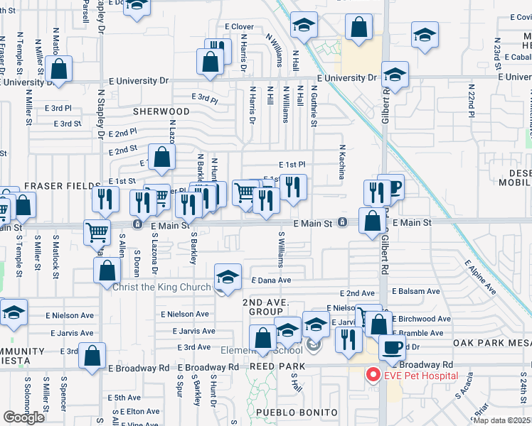 map of restaurants, bars, coffee shops, grocery stores, and more near 1649 East Main Street in Mesa