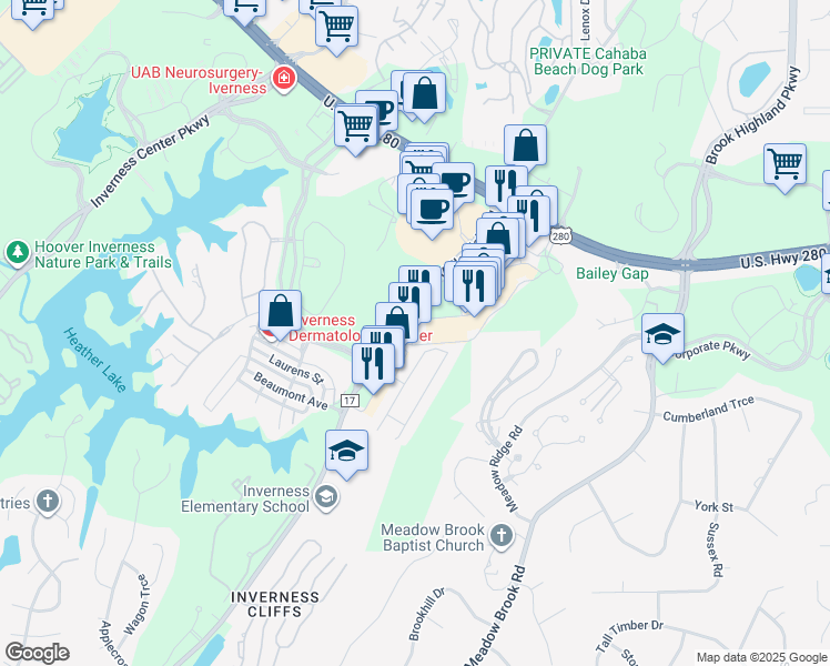 map of restaurants, bars, coffee shops, grocery stores, and more near 1210 Inverness Highland Drive in Birmingham