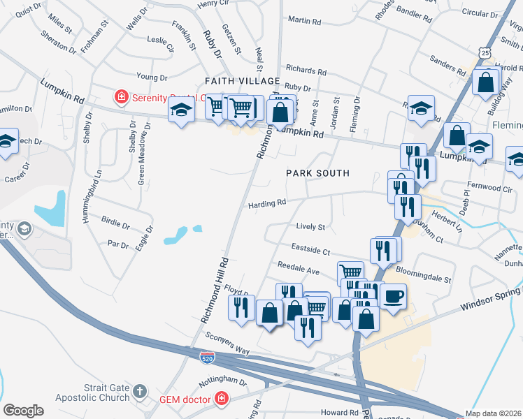 map of restaurants, bars, coffee shops, grocery stores, and more near 2328 Harding Court in Augusta