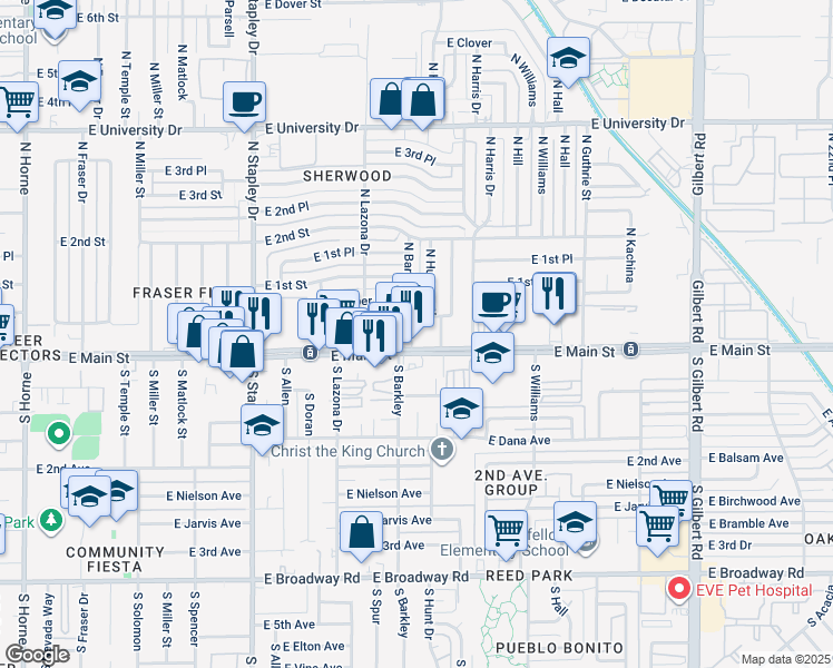 map of restaurants, bars, coffee shops, grocery stores, and more near 1464 East Main Street in Mesa