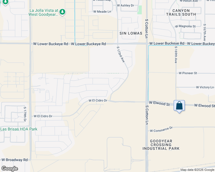 map of restaurants, bars, coffee shops, grocery stores, and more near 17383 West Victory Street in Goodyear