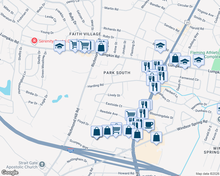 map of restaurants, bars, coffee shops, grocery stores, and more near 3104 Floyd Drive in Augusta