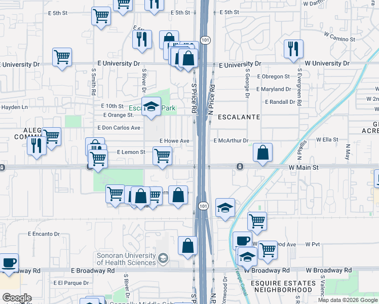 map of restaurants, bars, coffee shops, grocery stores, and more near 2196 East Apache Boulevard in Tempe