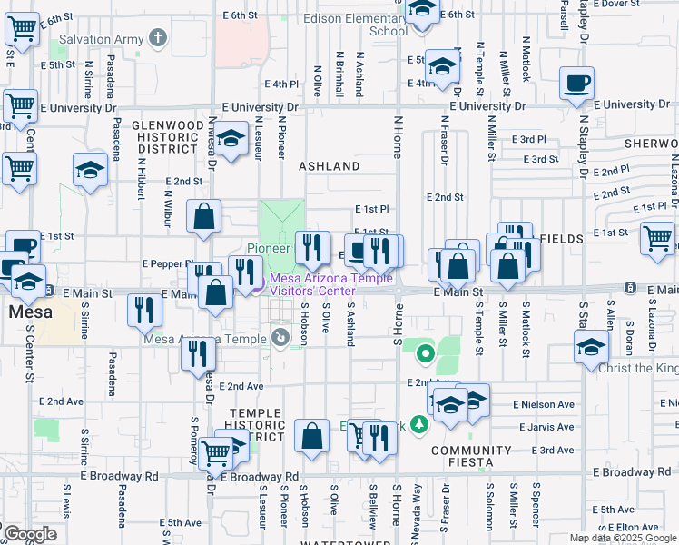 map of restaurants, bars, coffee shops, grocery stores, and more near 14 North Edgemont in Mesa