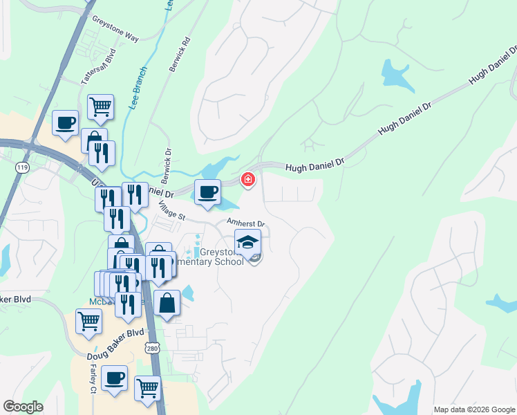 map of restaurants, bars, coffee shops, grocery stores, and more near 344 Amherst Drive in Birmingham