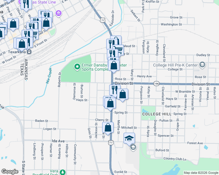 map of restaurants, bars, coffee shops, grocery stores, and more near Bramble St in Texarkana