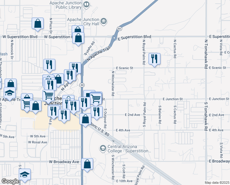 map of restaurants, bars, coffee shops, grocery stores, and more near 430 East Junction Street in Apache Junction