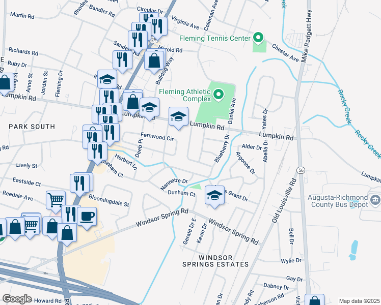 map of restaurants, bars, coffee shops, grocery stores, and more near 2523 Elderberry Drive in Augusta