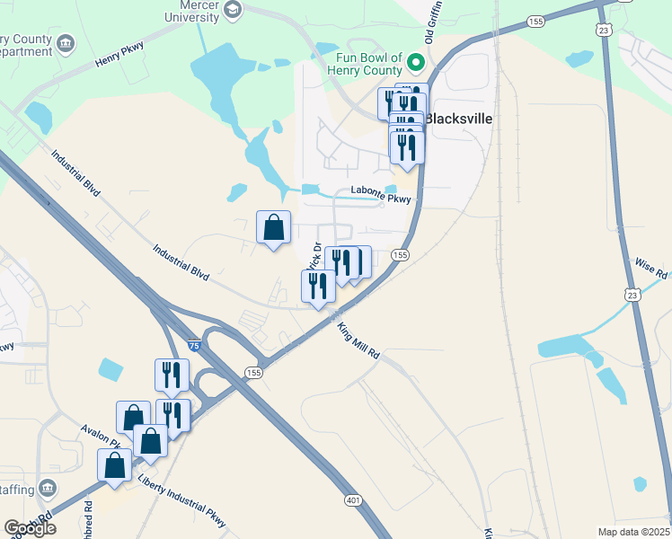map of restaurants, bars, coffee shops, grocery stores, and more near 610 Georgia 155 South in McDonough