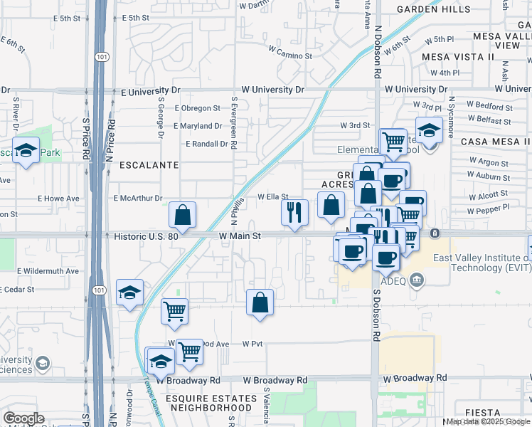 map of restaurants, bars, coffee shops, grocery stores, and more near 2254 West Main Street in Mesa