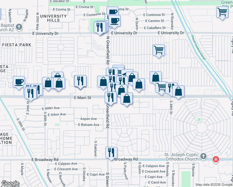 map of restaurants, bars, coffee shops, grocery stores, and more near 4432 East Main Street in Mesa