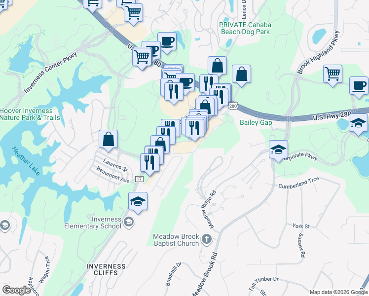 map of restaurants, bars, coffee shops, grocery stores, and more near 1100 Inverness Corners in Birmingham