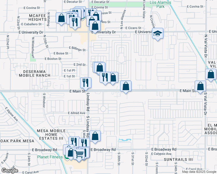 map of restaurants, bars, coffee shops, grocery stores, and more near 2926 E Main St in Mesa