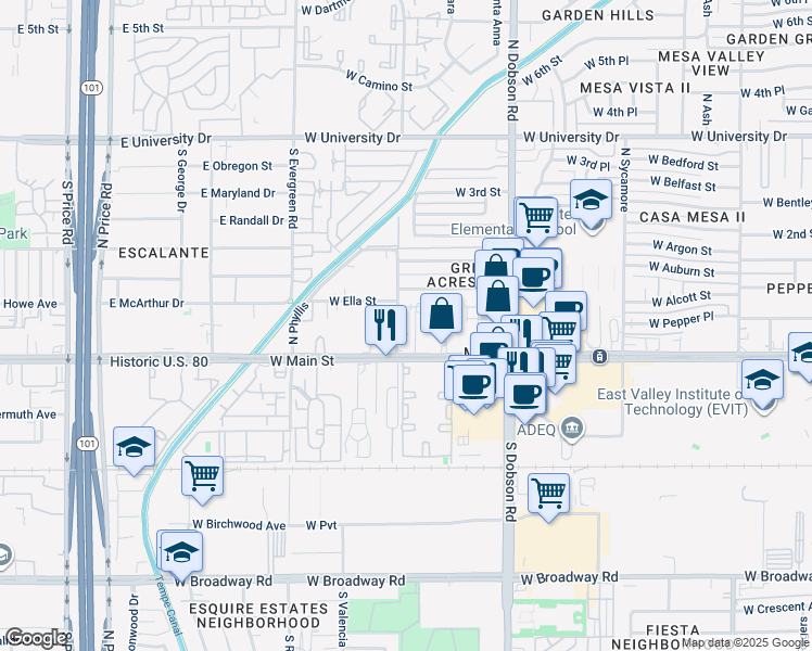 map of restaurants, bars, coffee shops, grocery stores, and more near 36 North May in Mesa