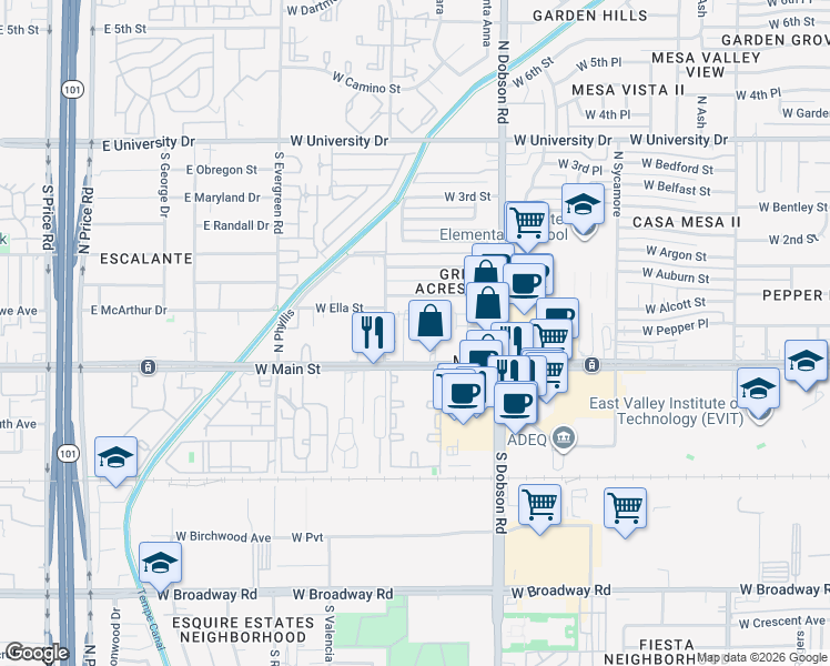 map of restaurants, bars, coffee shops, grocery stores, and more near 20 North Santa Barbara in Mesa