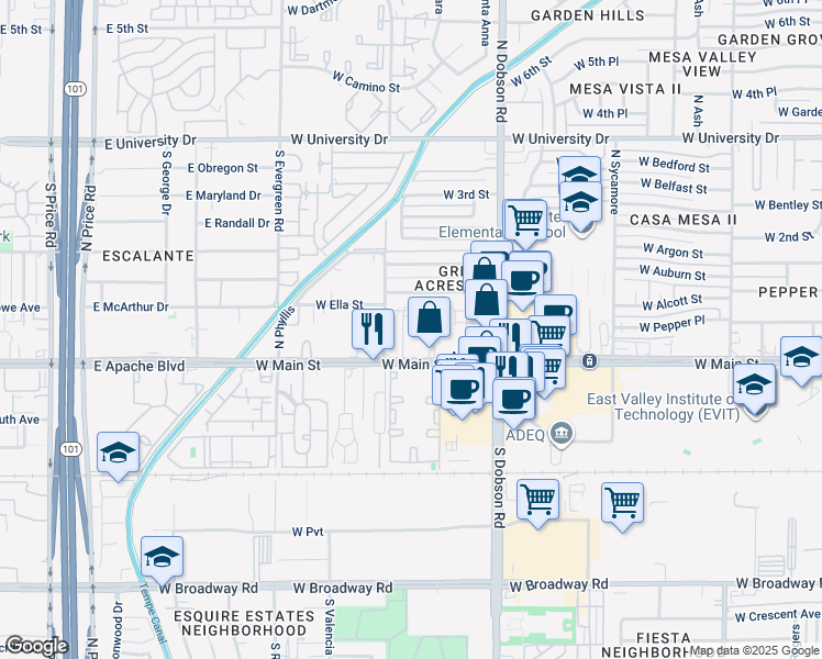 map of restaurants, bars, coffee shops, grocery stores, and more near 20 North Santa Barbara in Mesa