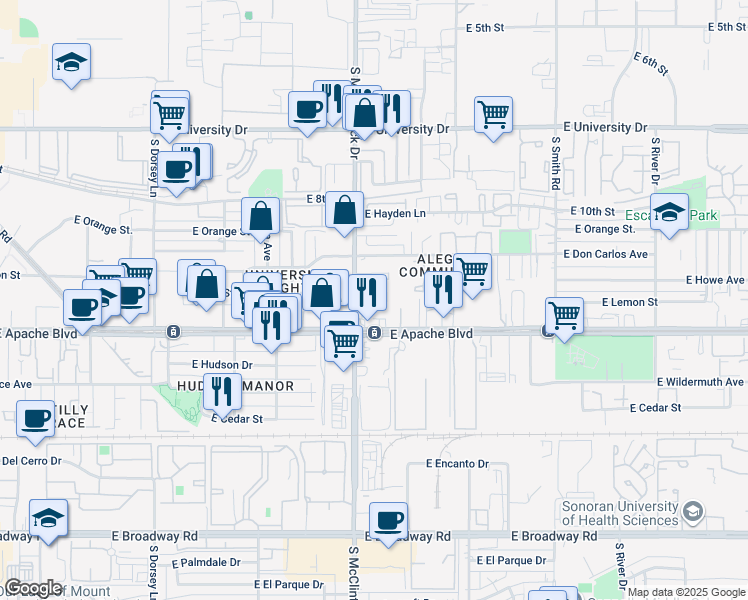 map of restaurants, bars, coffee shops, grocery stores, and more near 1245 South McClintock Drive in Tempe